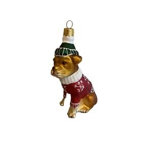 Dog Christmas Ornament Wearing Red Sweater & Green Hat Hand-Painted Glass